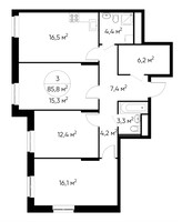 Планировка трехкомнатной(квартира) площадью 85.8 квадратных метров в “ЖК Первый Московский”