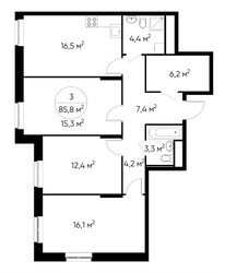 Планировка трехкомнатной(квартира) площадью 85.8 квадратных метров в ЖК “ЖК Первый Московский”