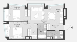 Планировка двухкомнатной(апартаменты) площадью 69 квадратных метров в “ЖК AHEAD”