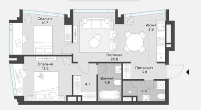 Планировка двухкомнатной(апартаменты) площадью 69 квадратных метров в “ЖК AHEAD”
