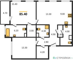 Планировка двухкомнатной(квартира) площадью 85.4 квадратных метров в “ЖК Sydney City (Сидней Сити)”