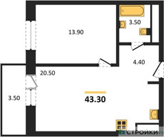 Планировка однокомнатной(квартира) площадью 43.3 квадратных метров в “ЖК Одинцовские кварталы”