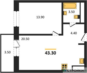 Планировка однокомнатной(квартира) площадью 43.3 квадратных метров в ЖК “ЖК Одинцовские кварталы”