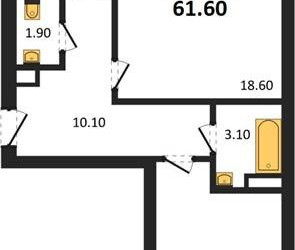 Планировка двухкомнатной(квартира) площадью 61.6 квадратных метров в ЖК “ЖК Три квартала”