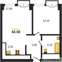 Планировка однокомнатной(апартаменты) площадью 42.5 квадратных метров в “ЖК Emotion (Эмоушен)”