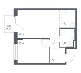 Планировка однокомнатной(квартира) площадью 41.46 квадратных метров в ЖК “ЖК Подольские кварталы”