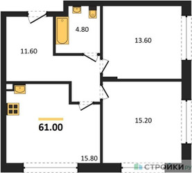 Планировка двухкомнатной(квартира) площадью 61 квадратных метров в ЖК “ЖК Переделкино Ближнее”