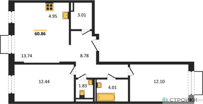 Планировка двухкомнатной(квартира) площадью 60.86 квадратных метров в ЖК “ЖК Квартал Домашний”