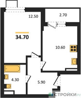 Планировка однокомнатной(квартира) площадью 34.7 квадратных метров в “ЖК Деснаречье”