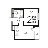 Планировка двухкомнатной(квартира) площадью 42.2 квадратных метров в “Новые Ватутинки. Заречный”