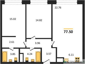 Планировка двухкомнатной(квартира) площадью 77.5 квадратных метров в ЖК “ЖК Собрание клубных домов West Garden (Вест Гарден)”