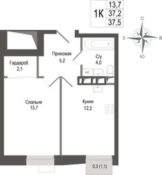 Планировка однокомнатной(квартира) площадью 37.2 квадратных метров в ЖК “ЖК КИНОКВАРТАЛ”