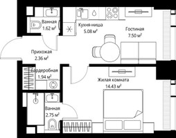 Планировка однокомнатной(квартира) площадью 35.68 квадратных метров в “ЖК Веер”