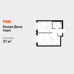 Планировка однокомнатной(квартира) площадью 37 квадратных метров в ЖК “ЖК Белая Дача парк”