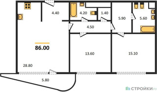 Планировка двухкомнатной(квартира) площадью 86 квадратных метров в “ЖК Лаврушинский”