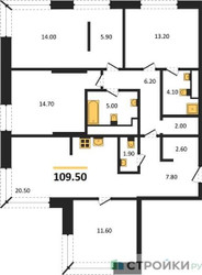 Планировка 4+ комнатной(квартира) площадью 109.5 квадратных метров в ЖК “Кутузов Сити”