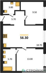 Планировка двухкомнатной(квартира) площадью 56.3 квадратных метров в ЖК “ЖК Первый квартал”