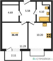 Планировка однокомнатной(квартира) площадью 36.49 квадратных метров в “ЖК Пригород Лесное”