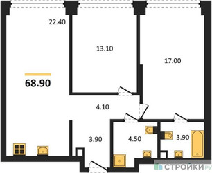 Планировка двухкомнатной(квартира) площадью 68.9 квадратных метров в ЖК “ЖК КОД Сокольники”