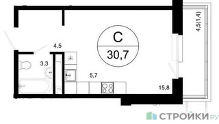 Планировка студии(квартира) площадью 30.7 квадратных метров в “ЖК Одинцовские кварталы”