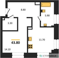Планировка однокомнатной(квартира) площадью 43.8 квадратных метров в “ЖК СТОУН Райз”