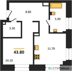 Планировка однокомнатной(квартира) площадью 43.8 квадратных метров в ЖК “ЖК СТОУН Райз”