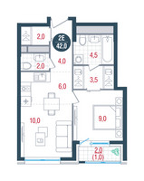 Планировка двухкомнатной(квартира) площадью 42 квадратных метров в “ЖК РУСИЧ-Кантемировский”
