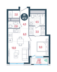 Планировка двухкомнатной(квартира) площадью 42 квадратных метров в ЖК “ЖК РУСИЧ-Кантемировский”