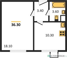 Планировка однокомнатной(квартира) площадью 36.3 квадратных метров в “ЖК ЮЖНАЯ БИТЦА”