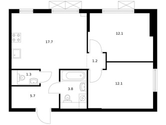 Планировка двухкомнатной(квартира) площадью 53.9 квадратных метров в ЖК “ЖК Ильинские луга”