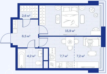 Планировка двухкомнатной(квартира) площадью 44.1 квадратных метров в ЖК “ЖК Аристов берег”
