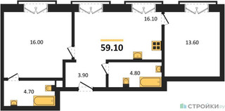 Планировка двухкомнатной(квартира) площадью 59.1 квадратных метров в “ДД:ОО:ММ. Дом на Часовой”