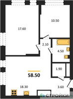Планировка двухкомнатной(квартира) площадью 58.5 квадратных метров в “ЖК Первый Московский”