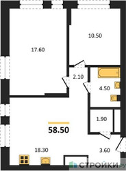 Планировка двухкомнатной(квартира) площадью 58.5 квадратных метров в ЖК “ЖК Первый Московский”