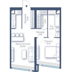 Планировка однокомнатной(квартира) площадью 54.72 квадратных метров в ЖК “ЖК Дом Дау”
