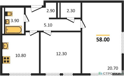 Планировка двухкомнатной(квартира) площадью 58 квадратных метров в ЖК “ЖК Молжаниново”