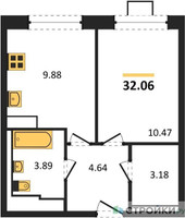 Планировка однокомнатной(квартира) площадью 32.06 квадратных метров в “ЖК Прибрежный Парк”