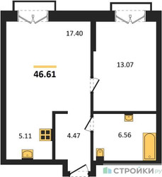 Планировка однокомнатной(квартира) площадью 46.61 квадратных метров в ЖК “ЖК EvoPark Сокольники”