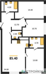 Планировка трехкомнатной(квартира) площадью 85.4 квадратных метров в ЖК “ЖК Сиреневый парк”