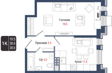 Планировка однокомнатной(квартира) площадью 38.6 квадратных метров в ЖК “ЖК КИНОКВАРТАЛ”