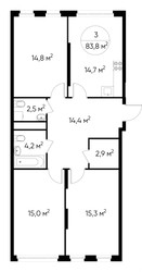 Планировка трехкомнатной(квартира) площадью 83.8 квадратных метров в ЖК “ЖК Переделкино Ближнее”