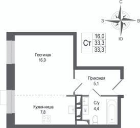 Планировка студии(квартира) площадью 33.3 квадратных метров в ЖК “ЖК КИНОКВАРТАЛ”