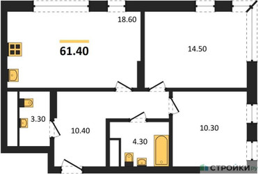 Планировка двухкомнатной(квартира) площадью 61.4 квадратных метров в ЖК “ЖК Переделкино Ближнее”