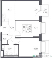 Планировка двухкомнатной(квартира) площадью 52.39 квадратных метров в “ЖК Томилино Парк”