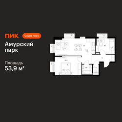 Планировка двухкомнатной(квартира) площадью 53.9 квадратных метров в ЖК “ЖК Амурский парк”