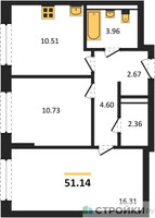 Планировка двухкомнатной(квартира) площадью 51.14 квадратных метров в “ЖК Новое Видное”