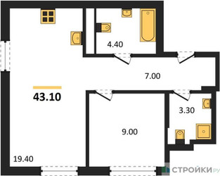Планировка однокомнатной(квартира) площадью 43.1 квадратных метров в ЖК “ЖК Сиреневый парк”