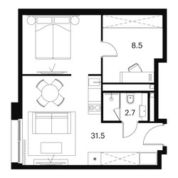 Планировка студии(апартаменты) площадью 42.7 квадратных метров в ЖК “ЖК Аквилон Signal (Аквилон Сигнал)”