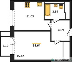 Планировка однокомнатной(квартира) площадью 35.64 квадратных метров в “ЖК Новое Видное”