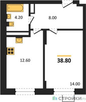 Планировка однокомнатной(квартира) площадью 38.8 квадратных метров в “ЖК ОБЛАКА-2”